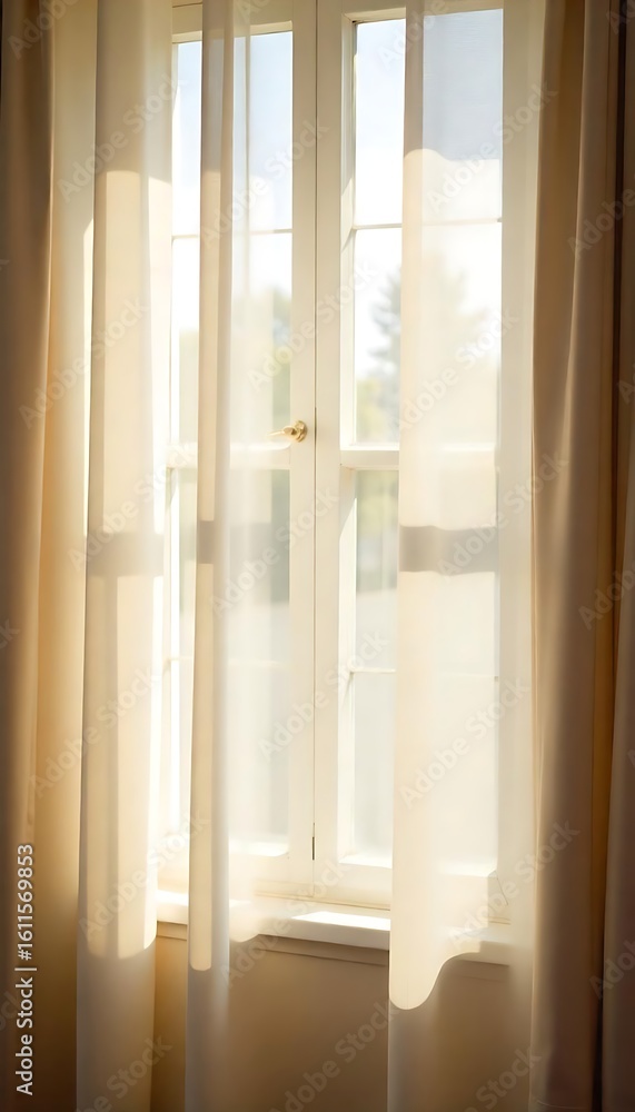 Poster generative ai image showcasing sunlit window with sheer curtains, elegant and serene composition