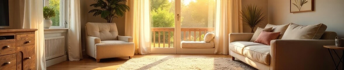 Fototapeta premium A cozy, sunlit room with comfortable furniture and soft textures; a feeling of warmth and serenity pervades the space, suggesting peace and relaxation , sunlight, design, aesthetic