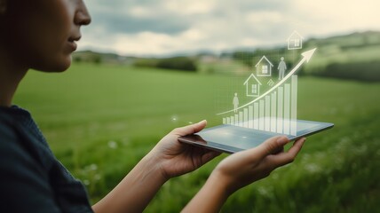 Farmer uses tablet with holographic growth chart and rocket in a green field