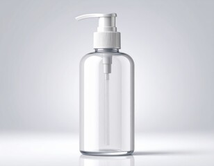 Clear plastic pump bottle with a white nozzle on a plain light gray background, empty cosmetic or medication dispenser for health and skincare products