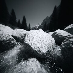 Mountain river over boulders, shadow play from fast-moving clouds
