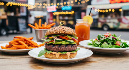 Two gourmet beef burgers with lettuce, tomato, and sesame seed buns served with crispy fries and fresh arugula salad on a wooden table under natural sunlight.

