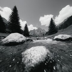 Mountain river over boulders, shadow play from fast-moving clouds