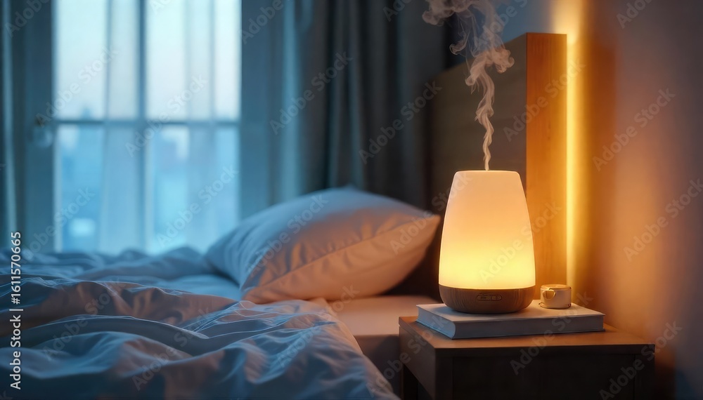Poster a serene bedroom scene featuring a softly lit bedside table with a book and a calming aroma diffuser