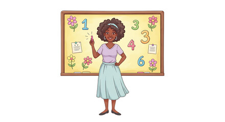 Young Teacher Woman Teaching Numbers on Colorful Classroom Blackboard