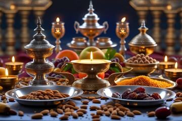 Fototapeta premium Traditional Festive Table with Nuts, Dates, Sweets, and Oil Lamps for Celebration on Blue Background – AI-Generated 