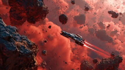 Spaceship navigating asteroid field in red nebula