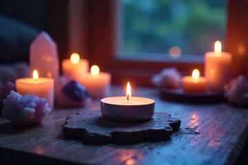 Candles illuminate a serene space, soft light casting ethereal glow on crystals and sacred objects  Perfect for meditation, yoga, mindfulness, and spiritual practice ,  yoga,  spirituality