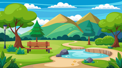 Vector art of a tranquil park scene with trees, a pond, a bench, and a lamppost, set against a backdrop of mountains