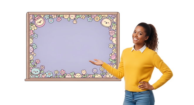 Young Woman Wearing Yellow Sweater Standing Next to Colorful Cartoon Pattern Blackboard