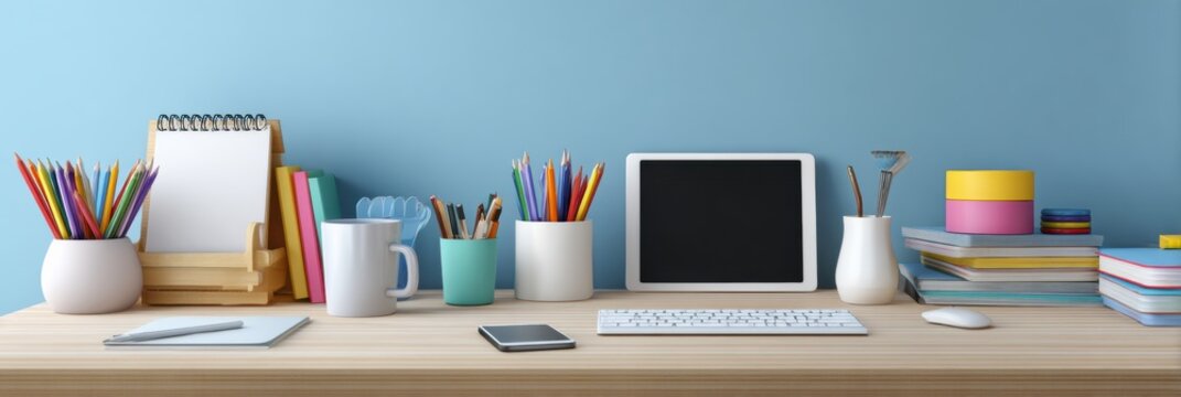 Homeschooling Setup Featuring a Clean Table With Organized Devices and Educational Materials, Emphasizing a Productive Study Environment
