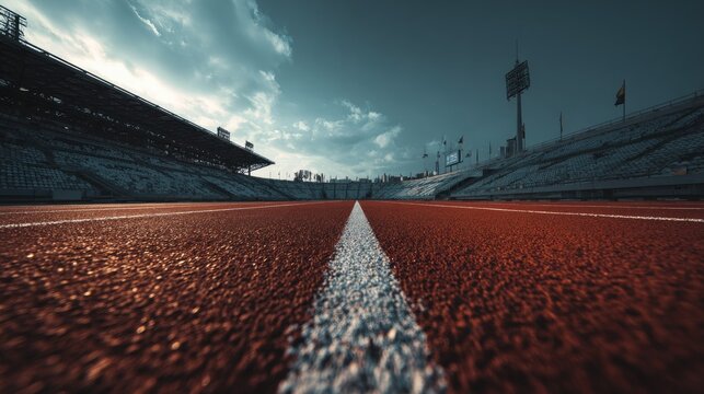 Low-angle view of a running track's red surface, a white lane line in the center, leading towards a large, mostly empty stadium under a dramatic sky