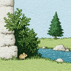 Sunny alpine valley with fast-flowing river, mice hiding under brush