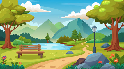 Obraz premium Vector art of a picturesque park pathway leads to a peaceful pond, featuring a wooden bench and lamppost, surrounded by verdant trees and rolling mountains