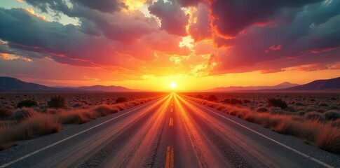 Dusty highway stretching towards a dramatic sunset, vibrant colors painting the sky, endless open road adventure ,  west,  wild west