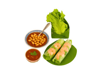 Freshspringrolls,thaispringrolls,thaifood,shrimpwraps,healthyfood,asianappetizer,thaistreetfood,vietnamesefood,peanutsauce,lettucecup,leafcup,bananaleaf,traditionalthai,a