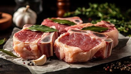 Three raw beef ribeye steaks garnished with bay leaves, garlic cloves, peppercorns, and herbs on parchment paper.