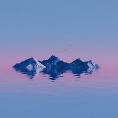 Reflective twilight water flowing under snow mountains, birds in V-formation