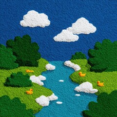 Gentle river winding through forest, ducks floating, clouds drifting