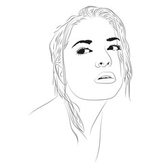A minimalist black and white line drawing portrays a woman's face from a low angle. She has thick eyebrows and long eyelashes, her contemplative gaze directed upwards.