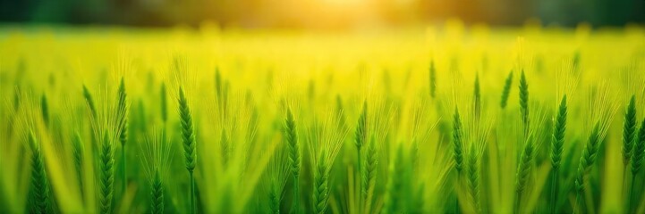 Fototapeta premium Golden sunlight bathes a lush field of vibrant green hay grass, ready for harvest The texture is rich and the scene evokes a sense of rural tranquility and summer abundance , environment, crop