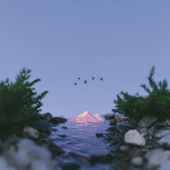 Reflective twilight water flowing under snow mountains, birds in V-formation