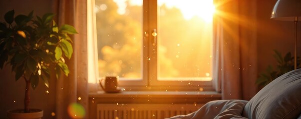 Golden sunlight streams through a window, illuminating dust motes dancing in the air as cheerful sounds of laughter fill a bright, airy room  A perfect start to a joyful day ,  bright,  domestic