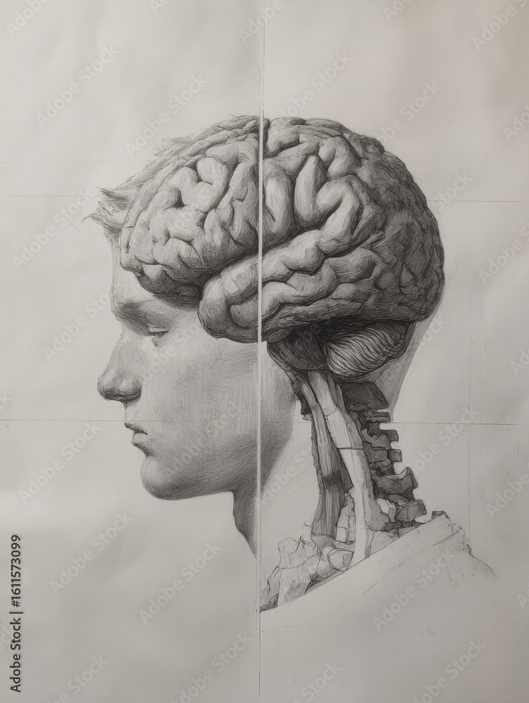 Poster pencil sketch of a human head transitioning into a 3d brain with an empty side zone highlighting the