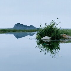 Rainy landscape with mountain reflection in river, frogs and birds visible