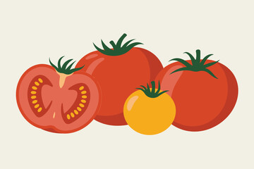Group of fresh ripe red and yellow tomatoes with one sliced in half