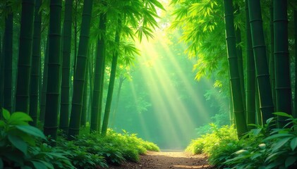 Obraz premium Lush green bamboo grove, sunlight filtering through leaves, creating dappled shadows on the forest floor Perfect for nature, zen, tranquility, and Asian-themed projects , tranquil, peaceful