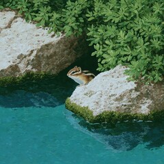 Cliffside river with gentle waterfalls, chipmunks watching from rocks