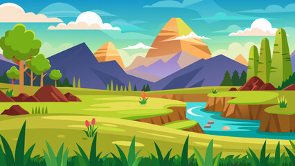 Vector art of a vibrant cartoon landscape featuring majestic mountains, a winding river, and lush green hills under a bright blue sky with fluffy clouds