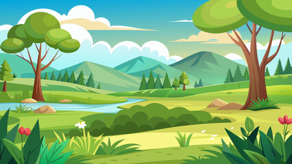 Naklejka premium Vector art of a picturesque cartoon landscape with lush green hills, a gentle river, and distant mountains under a clear blue sky with scattered clouds