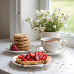 breakfast with coffee, bread, strawberry and cookies  