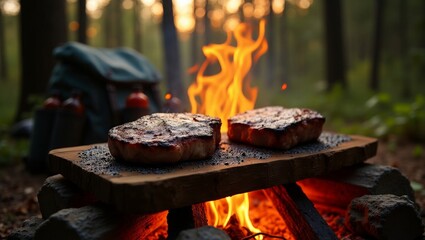Rustic BBQ Campfire Setup in Forest Setting with Smoky Flames