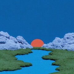 Sunrise behind mountain peaks, flowing river in foreground, rabbits grazing