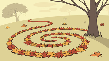 Cartoon landscape with spiral of autumn leaves and bare trees in a light brown color scheme