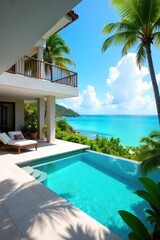 Fototapeta premium Luxury villa with private pool, stunning ocean views, spacious terrace, and lush tropical gardens Perfect for a relaxing getaway , exterior, property