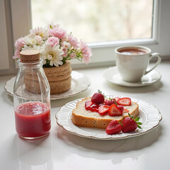 breakfast with coffee, bread, strawberry and cookies