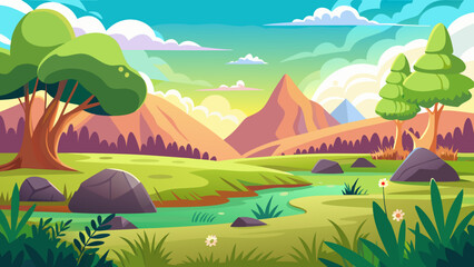 Vector art of a serene cartoon landscape presents soft, rounded mountains, a meandering river, lush green hills, and scattered rocks under a colorful sky with dynamic clouds