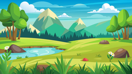 Obraz premium Vector art of a charming cartoon landscape captures majestic mountains, a gentle river, rolling green hills, and scattered rocks beneath a bright blue sky filled with fluffy white clouds