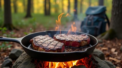 Rustic BBQ Campfire Setup in Forest Setting with Smoky Flames