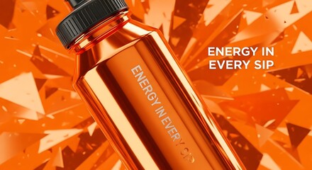 Copper water bottle advertisement showcasing energy and vitality.
