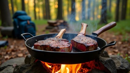 Rustic BBQ Campfire Setup in Forest Setting with Smoky Flames