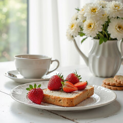 breakfast with coffee, bread, strawberry and cookies