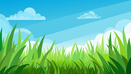 Vector art of a serene landscape featuring tall green grass under a vast blue sky with sunbeams and soft white clouds