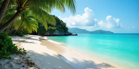 Serene green sand beach, turquoise water lapping gently at shore Lush tropical vegetation frames the unique landscape Perfect for travel, nature, and environmental themes , vacation, scenery