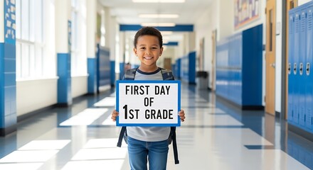 A smiling boy holding a first day of first grade sign in a school hallway with blue lockers visible