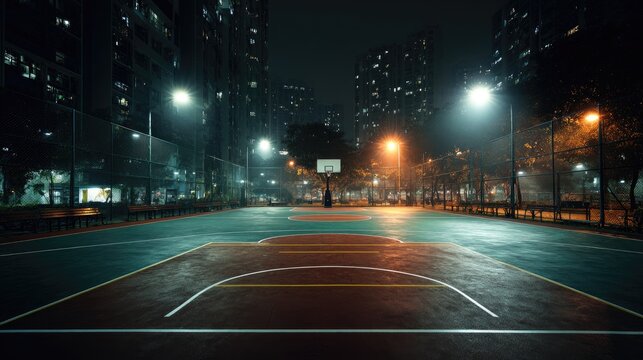 Night-time basketball court, brightly lit, surrounded by tall buildings under a hazy sky.  Empty, with a sense of quiet solitude